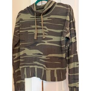 Thread & Supply Camo Waffle Knit Cowl Neck Pullover Top Green Brown  Small